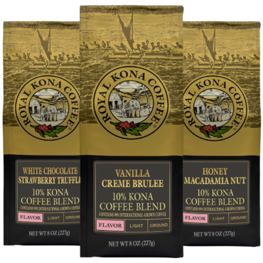 Three eight ounce bags of 10% Kona Blend coffee, the unique flavors taster pack