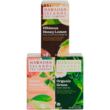 3 boxes of tropical green tea varieties. One organic green tea, one guava ginseng tea, one hibiscus honey tea.