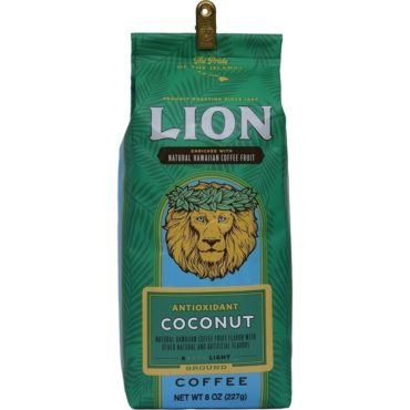 front view of one green, eight ounce bag of Lion coconut flavoured ground coffee, enriched with kona fruit antioxidants.