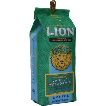 Angled view of one green, eight ounce bag of Lion vanilla macadamia flavoured ground coffee, enriched with kona fruit antioxidants.