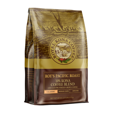 Roy's Pacific Roast 10% Kona Blend Coffee Ground - 40oz Bag Angled front view