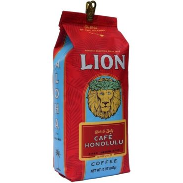 Angle view of one ten ounce bag of Lion Cafe Honolulu coffee