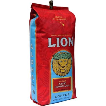 Angle view of one twenty-four ounce bag of Lion Cafe Honolulu coffee