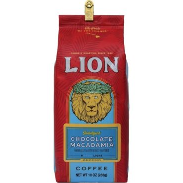 front view of one 10 ounce bag of Lion Chocolate Macadamia Flavoured Coffee