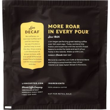 Rear of one Lion Gold Decaf Coffee 4-Cup Filter Packet