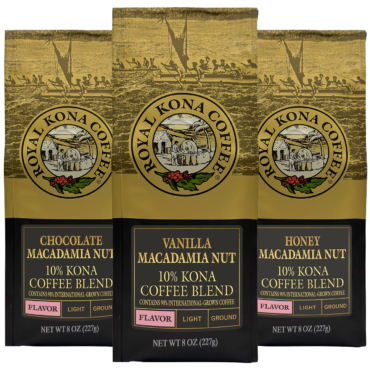 The Macadamia flavored 10 percent Kona Coffee Collection. Three bags of various macadamia flavored coffees.