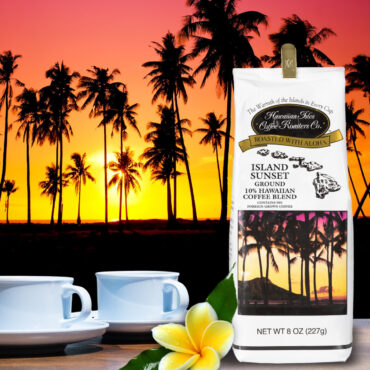 Bag of Island Sunset coffee on a table with sunset and palm tree background