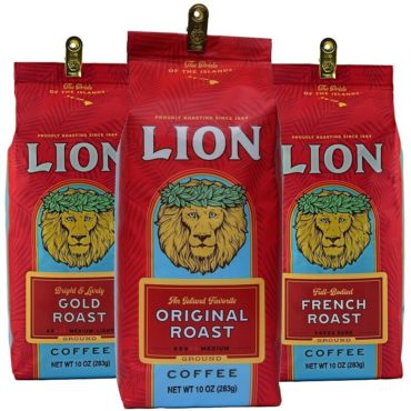 Three bags of Lion Coffee. Lion Original whole bean coffee, Lion Gold whole bean coffee, Lion French whole bean coffee