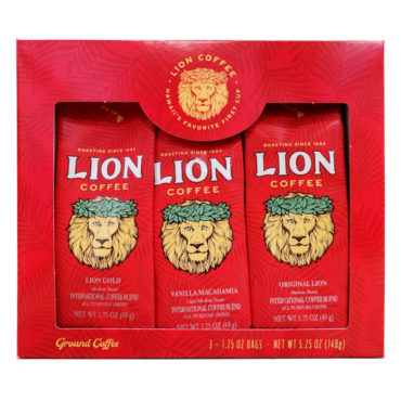 Lion Single Pot Coffee Gift Box - contains 3 bags, 1.75 oz each. Each bag makes one pot of Coffee