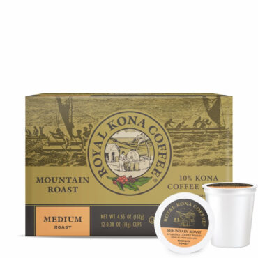 Royal Kona 10% Kona Mountain Roast Coffee Single Cups Box with pod in front