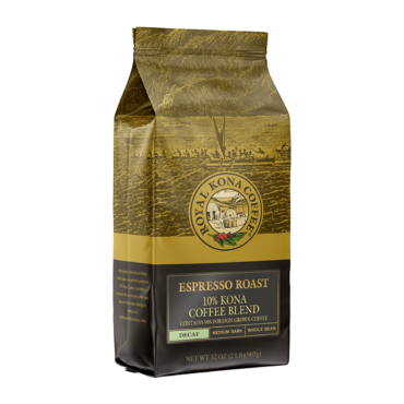 One two pound bag of Royal Kona Decaf Espresso Roast ten percent Kona whole bean coffee. Bag is gold and brown with black label.