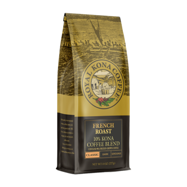 Angled view one bag of Royal Kona French Roast 10 percent Kona Coffee Blend