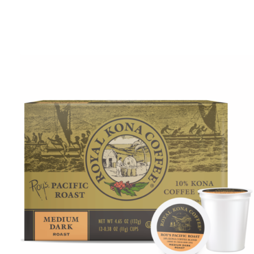 One box of Royal Kona Coffee Roy's Pacific Roast 10% Kona Single Serve pods