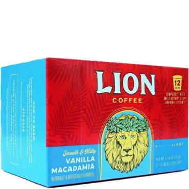 One box of Lion Vanilla Macadamia Single Serve coffee pods. 12 per box