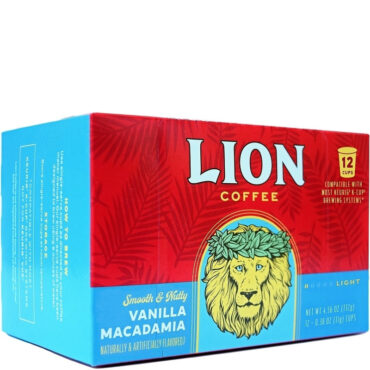 One box of Lion Vanilla Macadamia Single Serve coffee pods. 12 per box