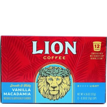 One box of Lion Vanilla Macadamia Single Serve coffee pods. 12 per box